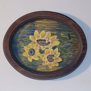Original acrylic painting sunflowers 8x10 oval with frame.painted by me Becki.